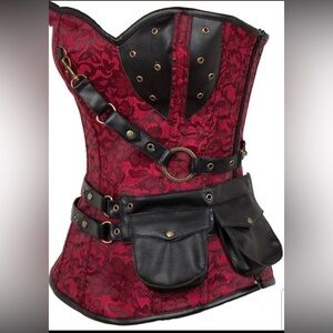 Charmian Red and Black Corset with Leather Accents